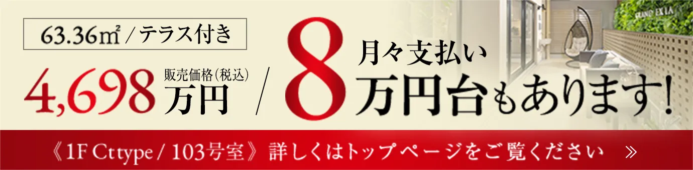 Ctタイプ103号室 63.36㎡テラス付き4,698万円 月々支払い8万円台 詳しくはトップページをご覧ください。